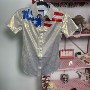 Silver Button-Up Shirt with American Flag Design